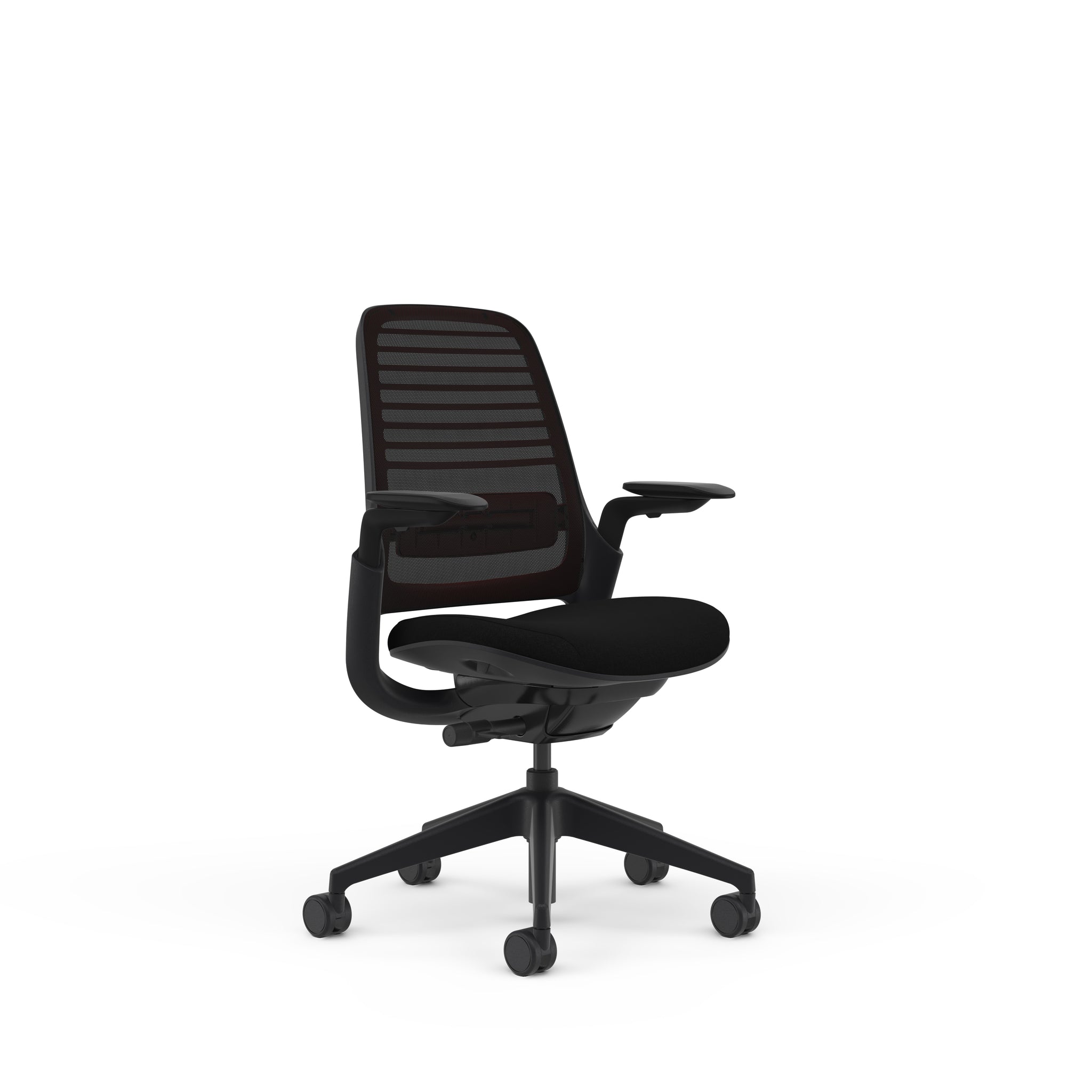 Meshback 3D Microknit Licorice; Seat fabric Ebony (Omni-R); Black+Scarlet Frame