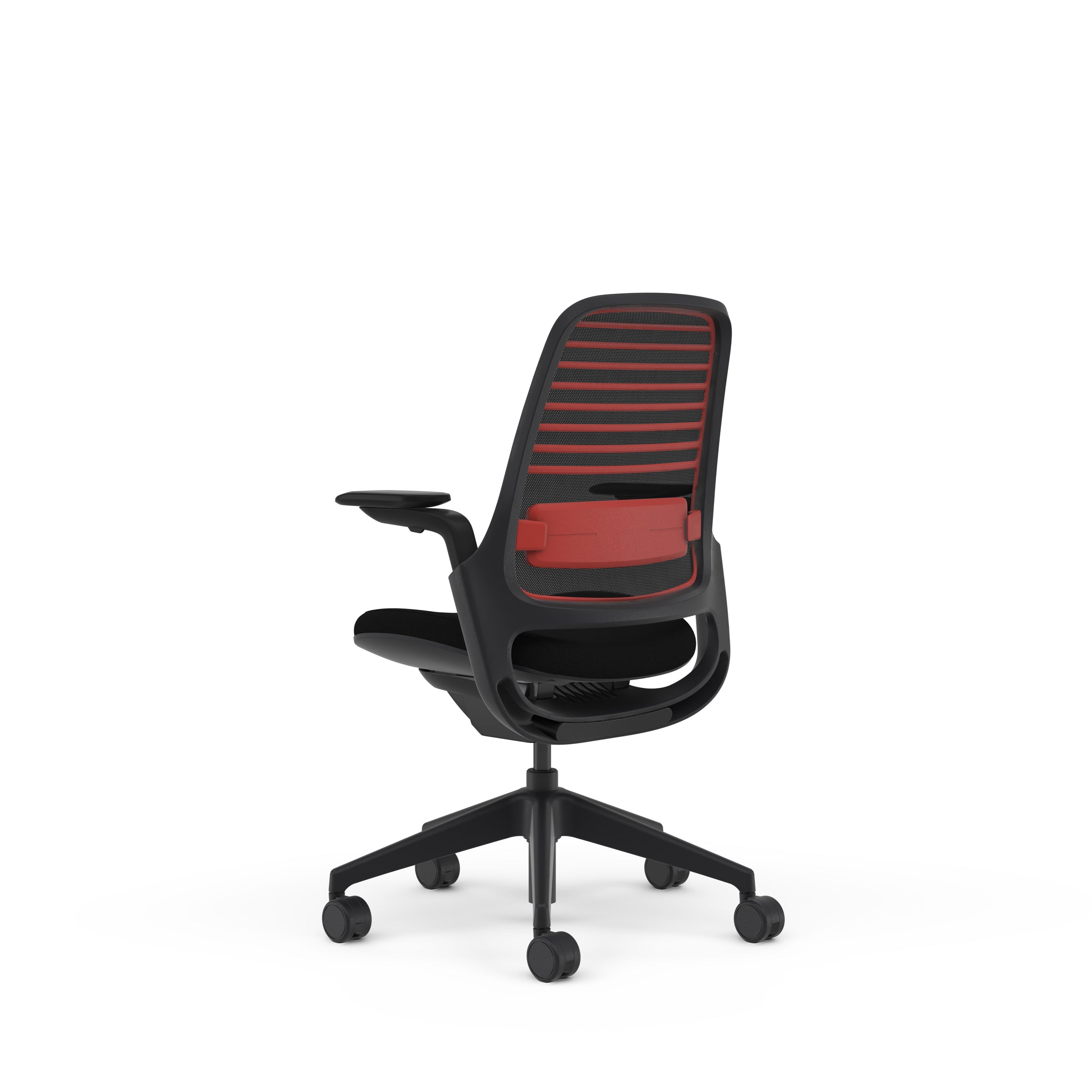 Meshback 3D Microknit Licorice; Seat fabric Ebony (Omni-R); Black+Scarlet Frame
