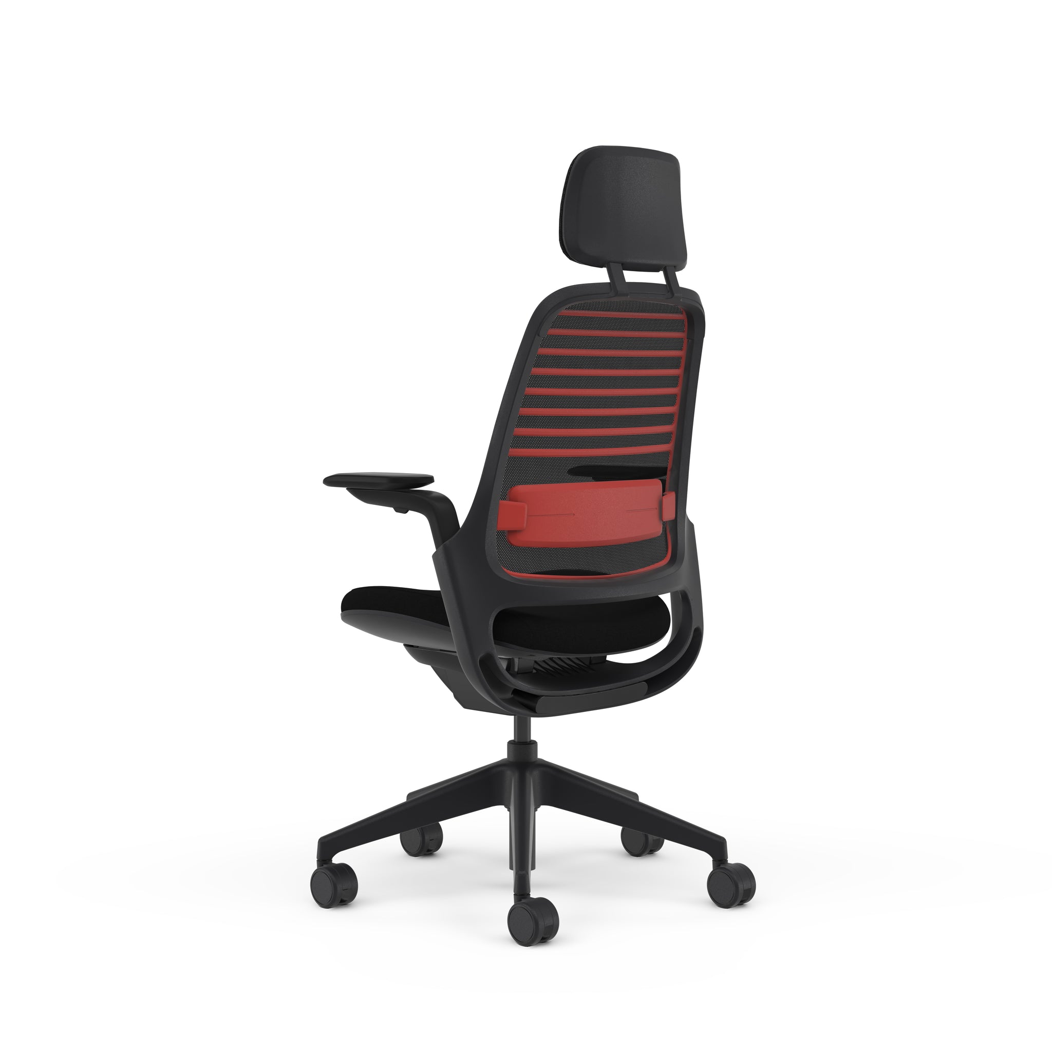 Meshback 3D Microknit Licorice; Seat fabric Ebony (Omni-R); Black+Scarlet Frame